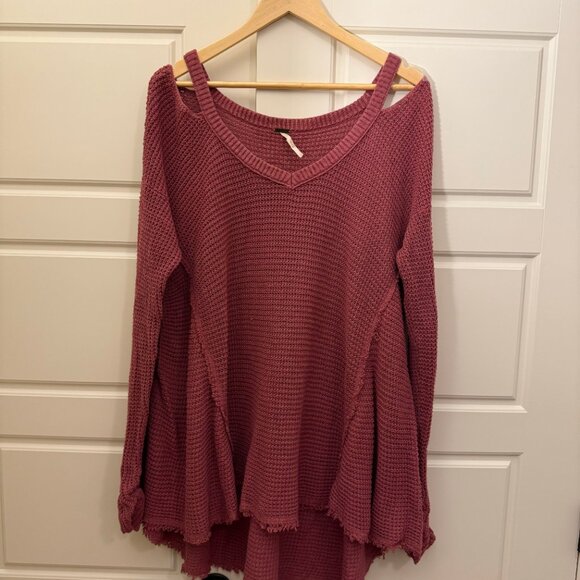 Free People Moonshine Tunic Top Waffle Knit Cotton Dusty Rose Cold Shoulder Sz L - Picture 7 of 7